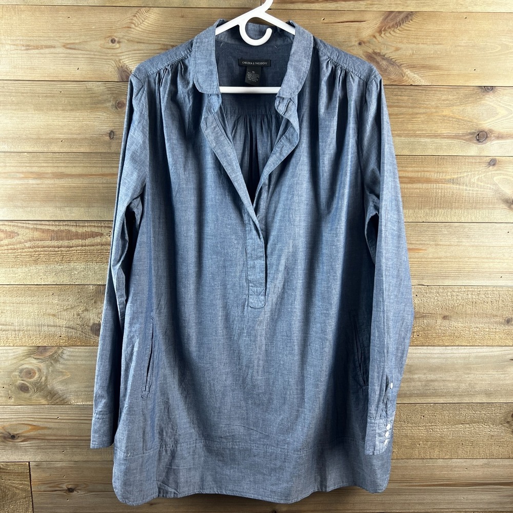 Chelsea & Theodore Womens Shirt Long Sleeve Vneck Collared Chambray Tunic XL